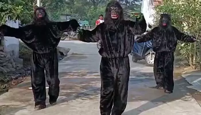 Sarpanch candidates in Hanmakonda attract voters with unique campaigns promising to end monkey menace using costumes and creative demonstrations.
