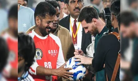 A friendly football match between CM Revanth Reddy and Lionel Messi at Uppal Stadium thrilled Hyderabad sports fans.