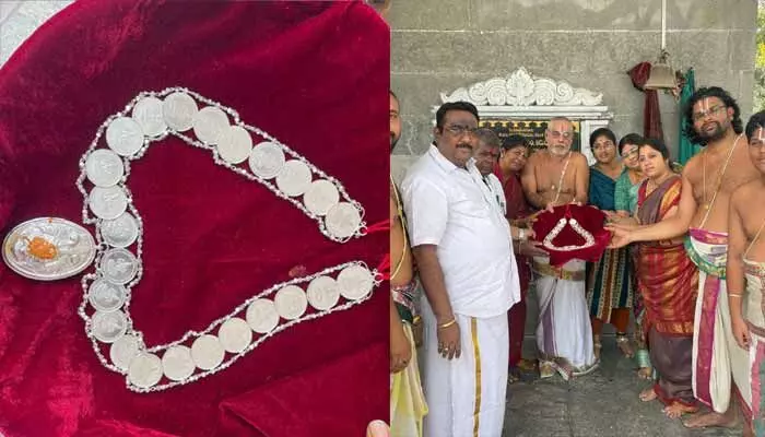 Nitya Sree of Vaishnavi Nagar donated a 403-gram silver Lakshmi Kasula Mala worth ₹1 lakh to Tiruchanur Srinivasa Temple.