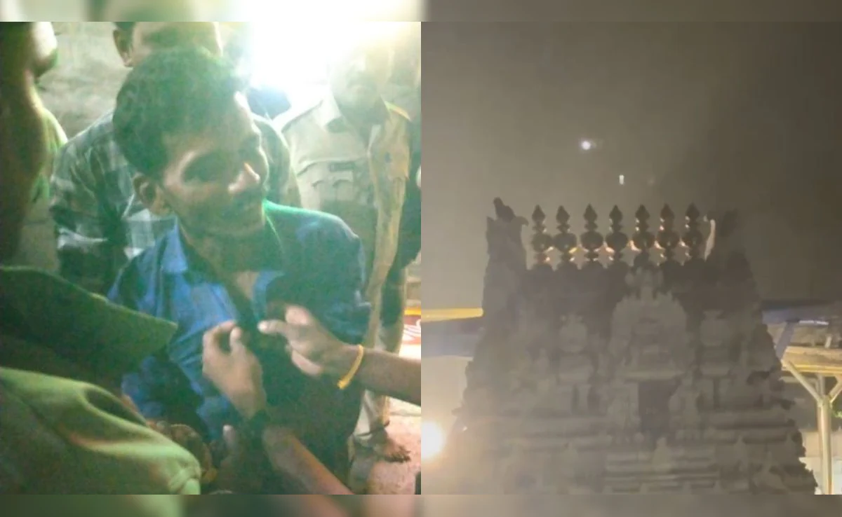 A drunk man climbed the gopuram of Tirupati Govindarajaswamy Temple; police arrested him and he was sent on court remand.